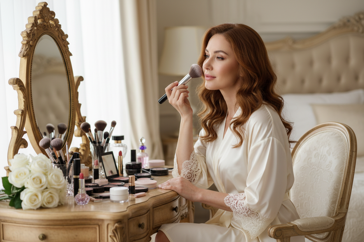 欧美女士在梳妆台前拿着化妆刷